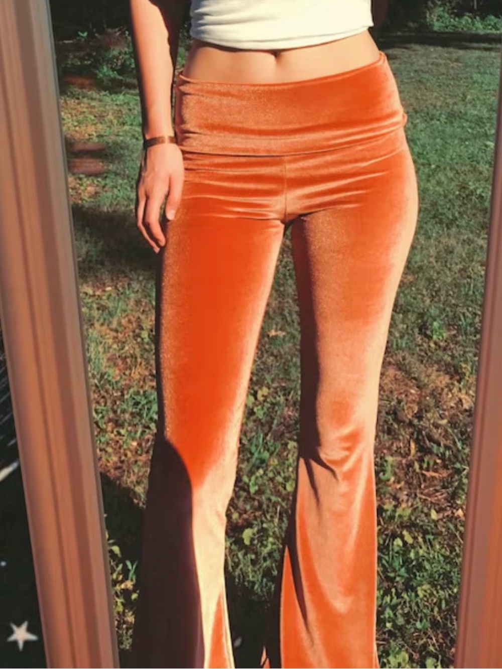 Amber-Orange Velvet High-Waist Flare Pants